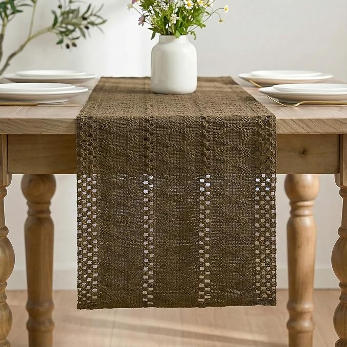 Artoid Mode Light Coffee Farmhouse Woven Rustic Hollow Table Runner, Seasonal Holiday Hollow Kitchen Dining Table Decoration for Home Party Decor 12x48 Inch