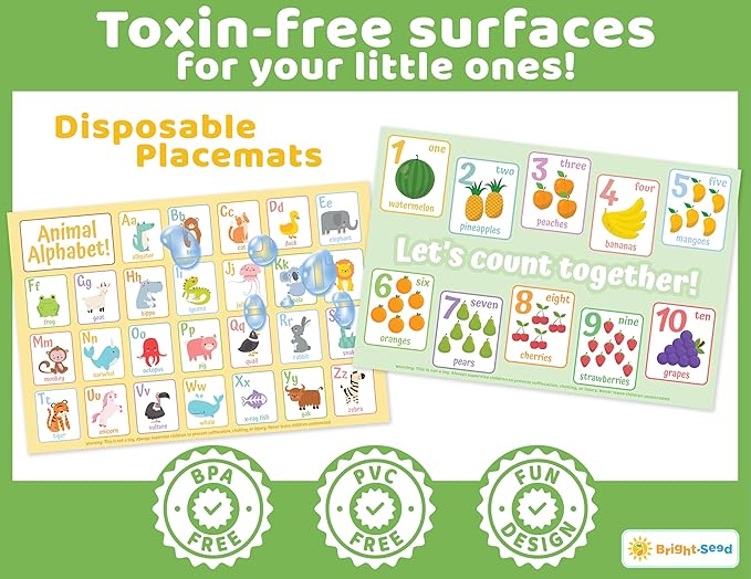 Bright Seed Disposable Placemats for Baby, Toddlers and Kids, Animals ABC & Numbers, 40 Disposable Baby mats for Restaurant, Dining Table & Travel, Learning Placemats for Kids, Toddler Travel