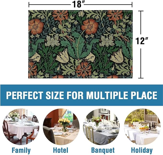 Ansouyi Placemats Set of 6, William Morris Floral Art Nouveau Pattern Washable Heat Resistant Linen Table Mats, Kitchen Decor Non-Slip Place Mats for Party Dining, 12x18 Inch