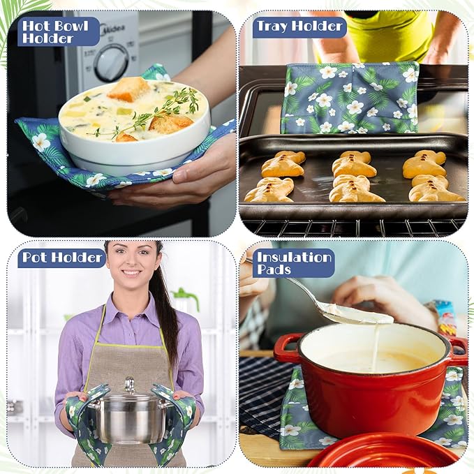 Cunhill 4 Pcs Cotton Microwave Bowl Cozy Holders for Hot Food Hot Pads Soup Bowl Potholders Heat Resistant Multipurpose Quilted Safe Holders for Kitchen Plate Supply(Navy Blue,Flower Style)