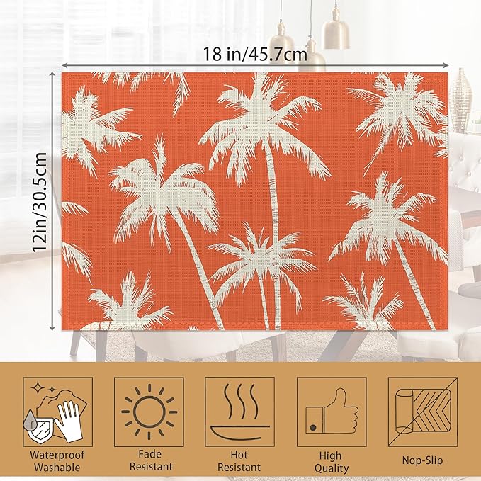 Placemats12x18 Inch,Tropical Tree Placemats,Palm Trees Kitchen Dining Coffee Table Mats Set of 6 for Home Indoor Outdoor Party
