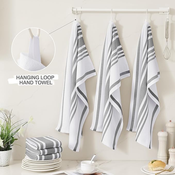 Homaxy Premium Kitchen Towels 18”x 28”, Large Cotton 380 GSM Kitchen Hand Towels, Stripe and Terry Dish Towel, Highly Absorbent Tea Towel Set with Hanging Loop, 8 Pack, Grey