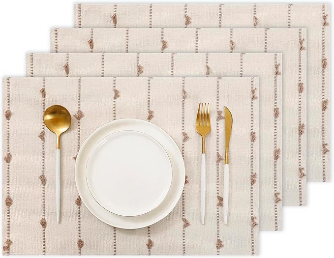 Boho Placemats 13 x 19 Inch Set of 4 for Dining Table Decor Woven Cloth Place Mats for Farmhouse Rustic Kitche Spring Home Decor Cotton Placemats Khaki and Beige Table Mats