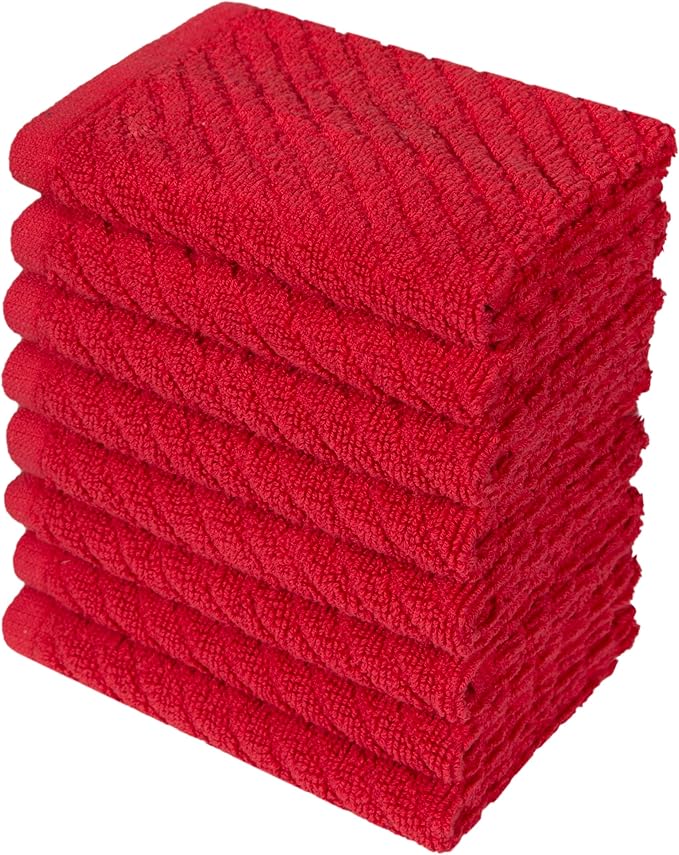 Bumble Towels Premium Kitchen Dish Cloths (12" x 12") | 8 Pack | Diagonal Deluxe Dish Cloth | High Absorbent Tea Towels Set | Red