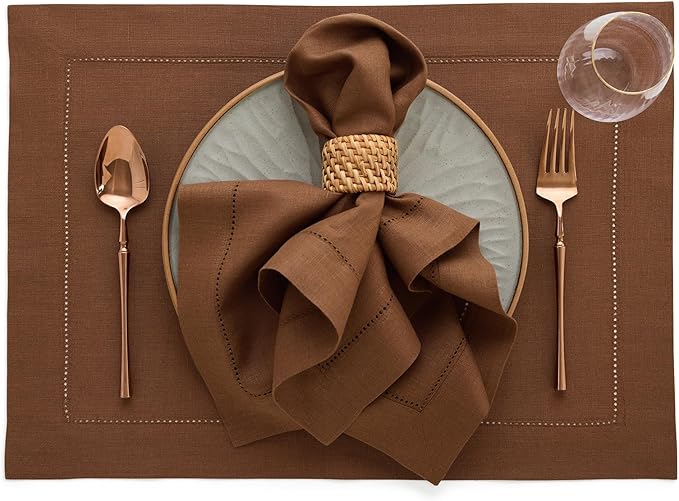 Solino Home Brown Linen Napkins Set of 4-100% Pure Linen Hemstitch Dinner Napkins 20 x 20 Inch for Mothers Day - Classic Hemstitch