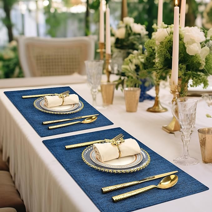 SLKQG Navy Linen Fabric Placemats Set of 4, Heat Resistant & Machine Washable Double-Layered Cloth Placemats for Dining Table, Indoor/Outdoor Use, Non-Slip Kitchen Table Mats (4, Navy)