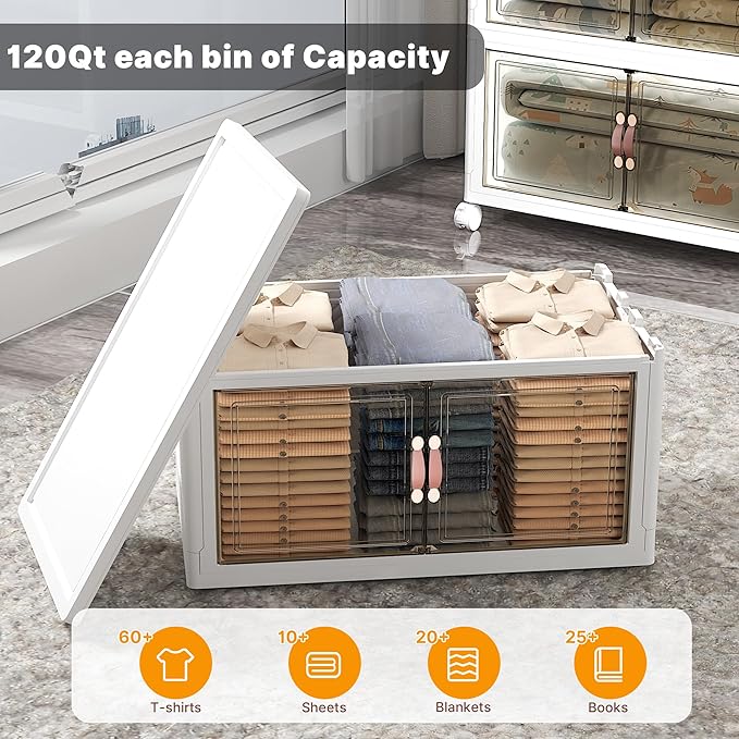UAMFURI Stackable Storage Bins with Lids, 672QT Closet Organizers and Storage with Doors and Wheels, Extra Large Storage Cabinet, Collapsible Plastic Drawers for Bedroom Dorm Office Garage