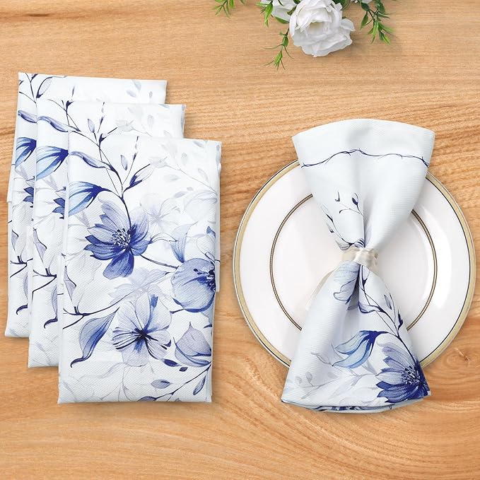 Spring Summer Watercolor Flower Napkins, 18×18 Inch Dinner Cloth Napkins Set of 6, Washable Cotton Soft Absorbent Square Table Top Decoration for Dining Kitchen Party Wedding