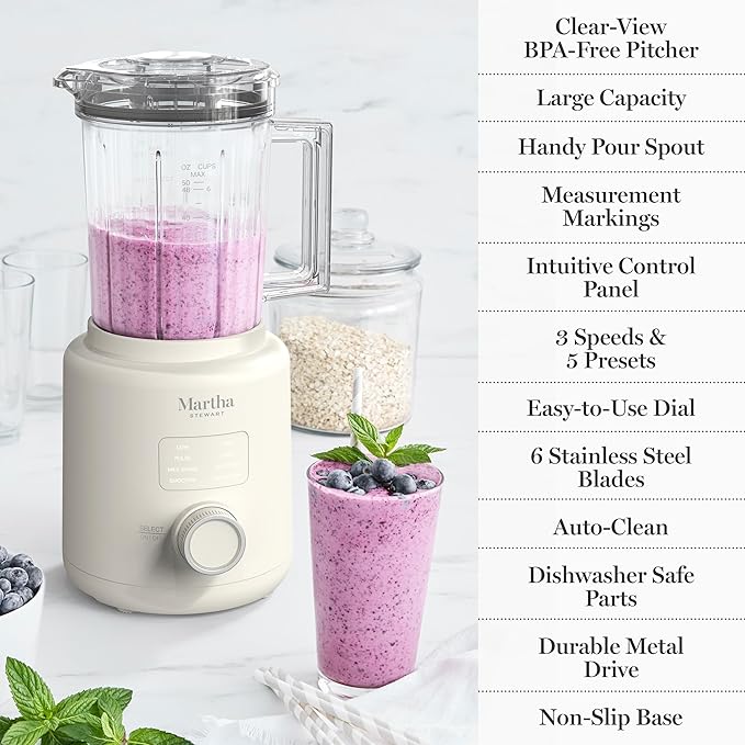 Martha Stewart Countertop Blender, 50oz Jar, 6 Stainless Steel Blades 3 Speeds & 5 Presets, Auto Clean, Smoothies, Crush Ice, Shakes, Chop, Margarita, Measurement Markings, 700W, Linen Cream