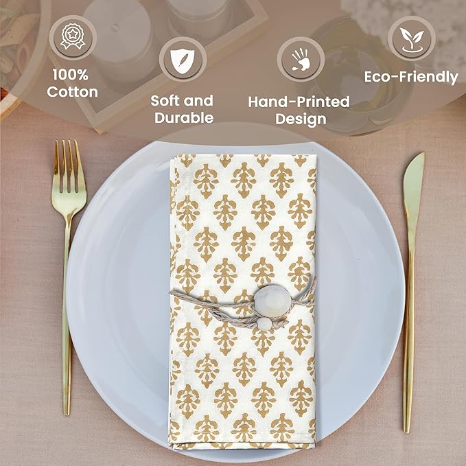 CPC Cloth Napkins 100% Cotton Set of 4 Reusable Napkins, Indian Block Print Toile Floral Dinner Napkin, Fall Thanksgiving Christmas Holiday Party Gift - Soft Absorbent Napkin, 18"x18" Yellow Flower