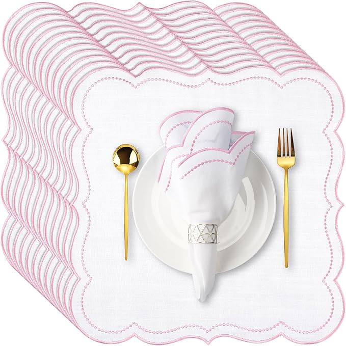 Hahafelt Cloth Napkins 18x18inches Scalloped Embroidery Cloth Napkins Washable Polyester Table Dinner for Hotel Restaurant Weddings Events Parties (Light Pink,12 Set)
