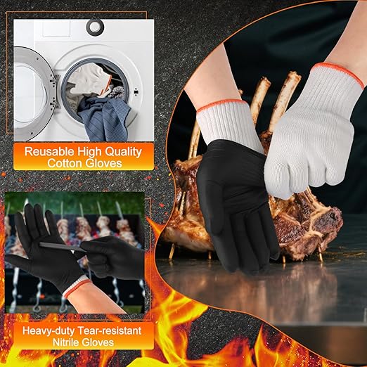ANBOSON BBQ Gloves for Cooking Baking Grilling, 100 Count Disposable Nitrile Gloves and 4 Count Cotton Glove Liners Washable (6mil Nitrile, Large)