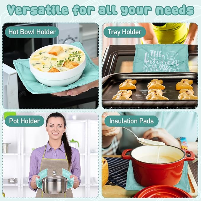 Cunhill 4 Pcs Cotton Microwave Bowl Cozy Holders for Hot Food Hot Pads Soup Bowl Potholders Heat Resistant Multipurpose Quilted Safe Holders for Kitchen Plate Supply(Turquoise,Quotes)