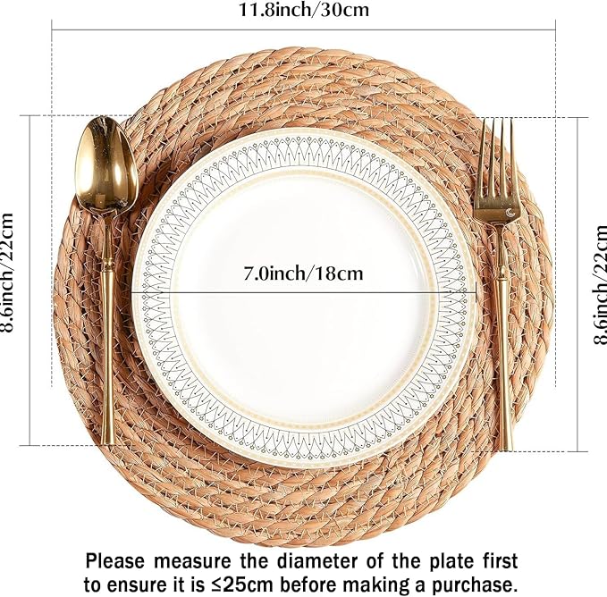 Handmade Heat Resistant 12" Round Woven Placemats Set of 8, Wicker Boho No Chemical Natural Water Hyacinth Place Mats, Farmhouse Table Mats for Kitchen Dining Table,Home Decorations,Wedding