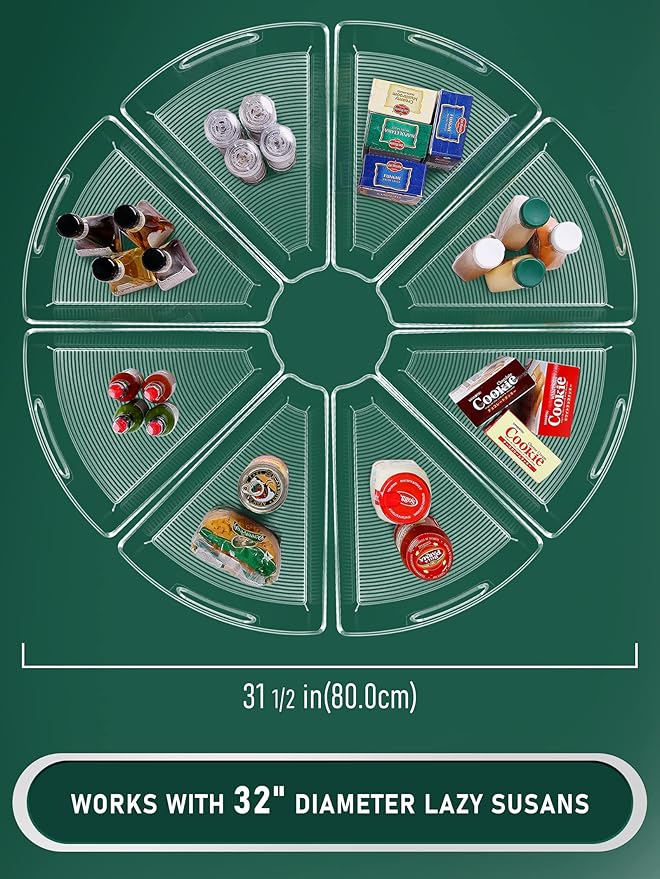 JEISSLIA Lazy Susan Cabinet Organizer Bins for 26"/ 28"/ 32" Diameter Corner Organizer, Plastic Cabinet Storage Bin, 1/8 Wedge - Food Safe, BPA Free, with Non-Slip Pads (for 32" Diameter, 8 Pack)