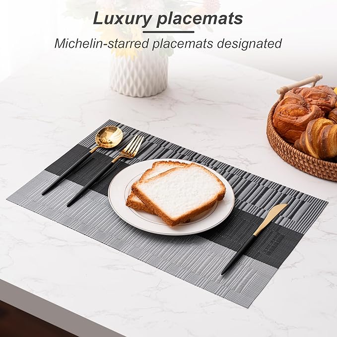 Placemats Set of 6 Washable Indoor/Outdoor Vinyl Place Mats for Dining Table Durable Non-Slip Heat Resistant PVC Weave Table Mats(Gray Black)