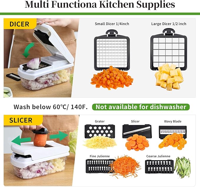 18-in-1 Vegetable Chopper Mandoline Slicer for Kitchen, Food Chopper with Container, Veggie Cutter, Onion Mincer Tomato Dicer, Fruit Slicer Spiralizer, Cheese Grater, Kitchen Gadgets House Essentials