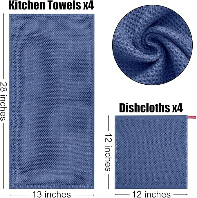 Kitinjoy 100% Cotton Kitchen Towels and Dishcloths Set, 12 Pack-13" x 28" and 12" x 12" Waffle Weave Dish Towels, Ultra Soft Absorbent Quick Drying Dish Rags, Navy Blue