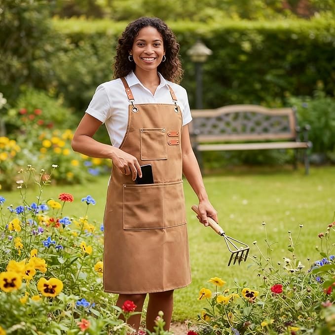 Chef Apron with Large Pockets for Women Men, Cotton Canvas Cross Back Water Repellent Adjustable Work Apron