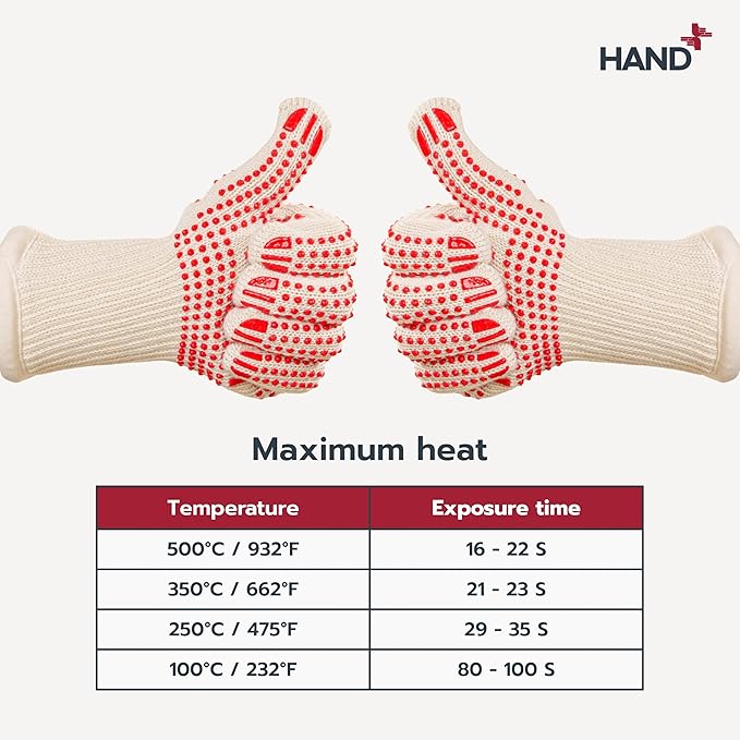Hand+ Heat Resistant Oven Gloves (Size L/XL) 932°F / 500°C for BBQ Baking Cooking Smoker Fireplace Camping with Silicone Grip Thermo Dot Level 4 EN407 Certified