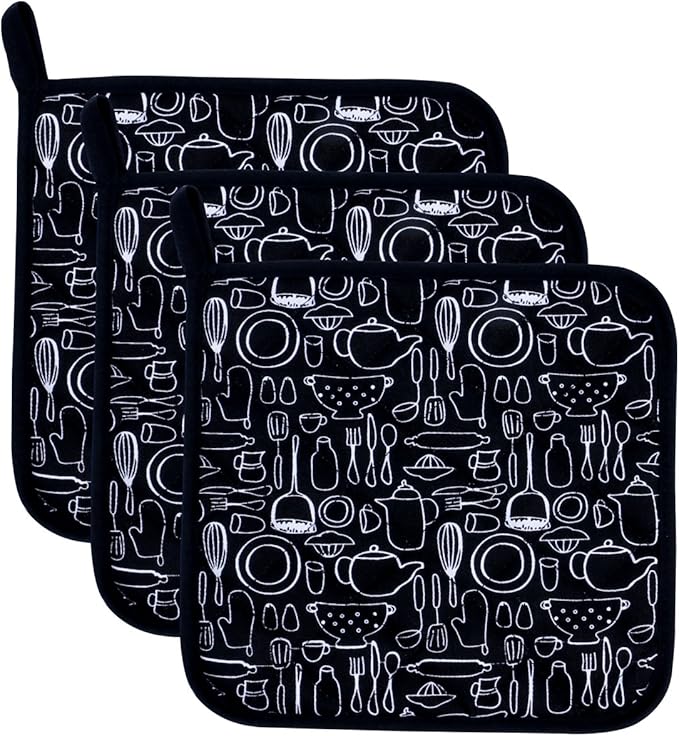 100% Cotton Kitchen Everyday Potholders Pot Holder Heat Resistant Coaster Potholder for Cooking and Baking 8 x 8-Inch Set of 3 Black