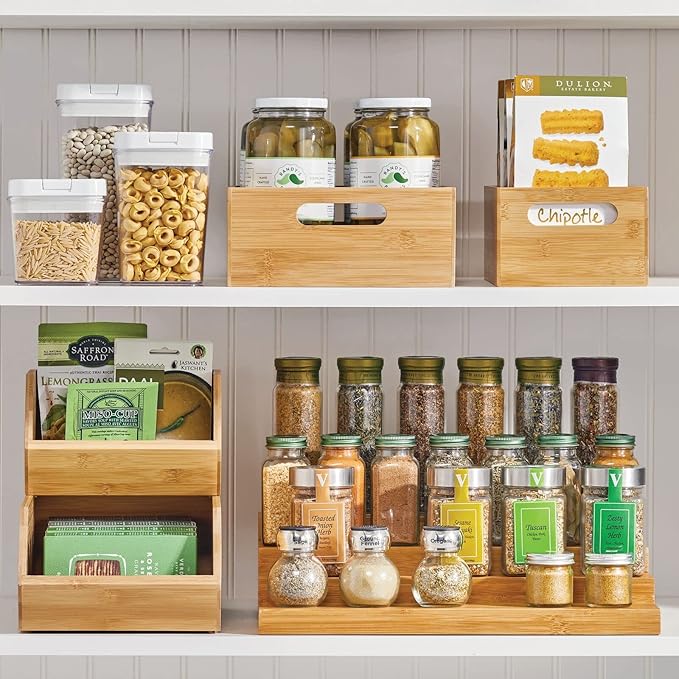 mDesign Bamboo Kitchen Cabinet & Fridge Drawer Organizer Tray with Handle - Storage Bin for Cutlery, Serving Spoons, Cooking Utensils, Gadgets - Natural Wood Finish