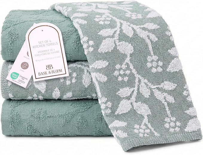MosJos Kitchen Towels, Blue and White Floral Cotton Hand Towels 4 Pack Absorbent Hand Drying Cloths, 18 x 28 Kitchen Linens