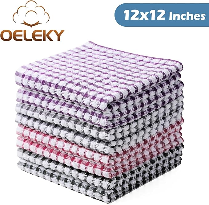 Oeleky 100% Cotton Kitchen Dish Cloths for Washing Dishes, 12x12 Inches Dish Rags, Absorbent Kitchen Cloths Pack of 8, Quick Drying Cleaning Cloths (Mix-3, 12"x12")