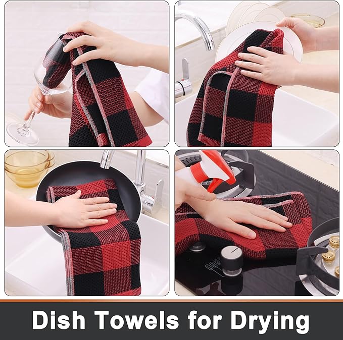 Mordimy 100% Cotton Waffle Weave Kitchen Towels, 13 x 28 Inches, Super Soft and Absorbent Buffalo Check Dish Towels for Drying Dishes, 6-Pack, Black & Red