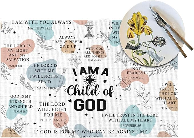 Christian Placemats Set of 4, Washable God Table Place Mats for Kitchen Holiday Party Farmhouse Decor Religious Happy Easter Day Decorative Place Mats 12"x18"