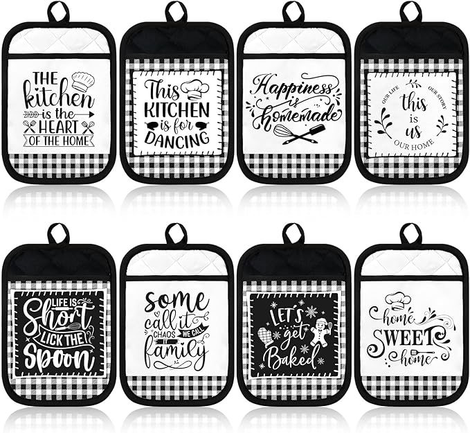 8 Pcs Pot Holders with Pocket Farmhouse Kitchen Black White Decoration Home Sweet Potholder Hot Pad Oven Mitt Cookie Bag Oven Gloves Heat Resistant for Kitchen Decoration Baking Cooking Gift Microwave