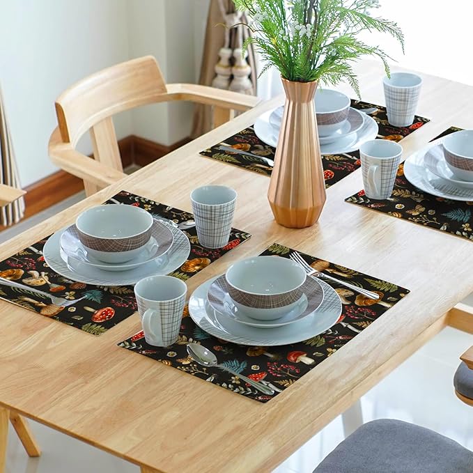 Watercolor Mushroom Placemats Fern Leaves Cotton Linen Place Mat Washable Table Mat for Party Dining