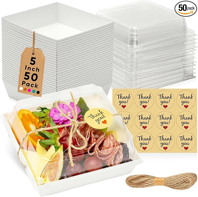 Leafiew 50 Pack Small Charcuterie Boxes with Clear Lids - To Go Paper Mini Charcuterie Box, Disposable Food Containers, 5Inch Dessert Boxes - Sandwich, Cookie, Sushi, Cake Slice, Strawberries (White)
