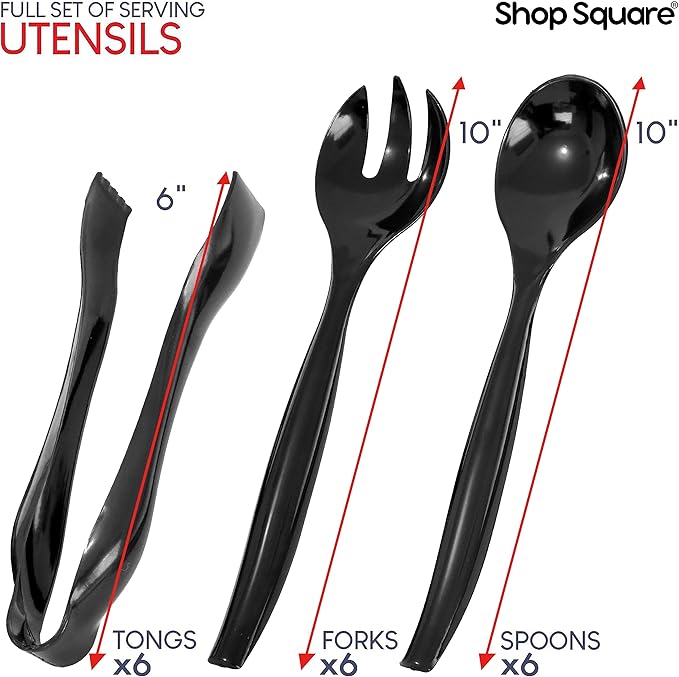 Disposable Plastic Serving Set - 18 Black Utensils, 6" Tongs, 10' Spoons, 10' Forks, Buffet & Party Use
