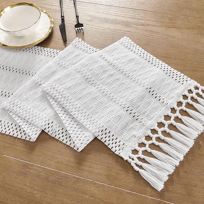 ZeeMart Macrame Style Boho Table Runner, White Table Runners 108 Inches Long, Farmhouse Woven Home Decor, 12x108 Inch, White