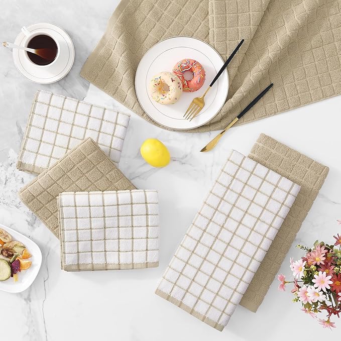 Homaxy Premium Cotton Kitchen Towels 16"x 28", Large Natural Ring Spun 390 GSM Dish Towels, Super Absorbent Terry Kitchen Hand Towels, Soft Tea Towels with Hanging Loop, Tan Check Design, 12 Pack
