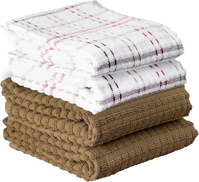 Ritz Royale Collection 100% Combed Terry Cotton, Highly Absorbent, Kitchen Towel Set, 13-3/4" x 12", 4-Pack, Solid & Checked, Mocha