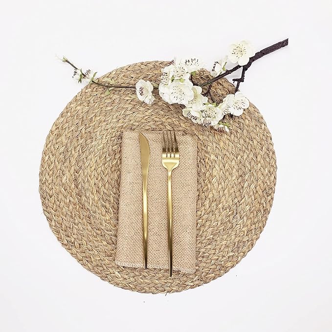 Woven Placemats for Dining Table Set of 2, 100% Natural Straw, Rustic Round Placemats Farmhouse Table Mats Rattan Wicker Placemats Hand Braided Place Mats for Indoor Outdoor, 14.17“