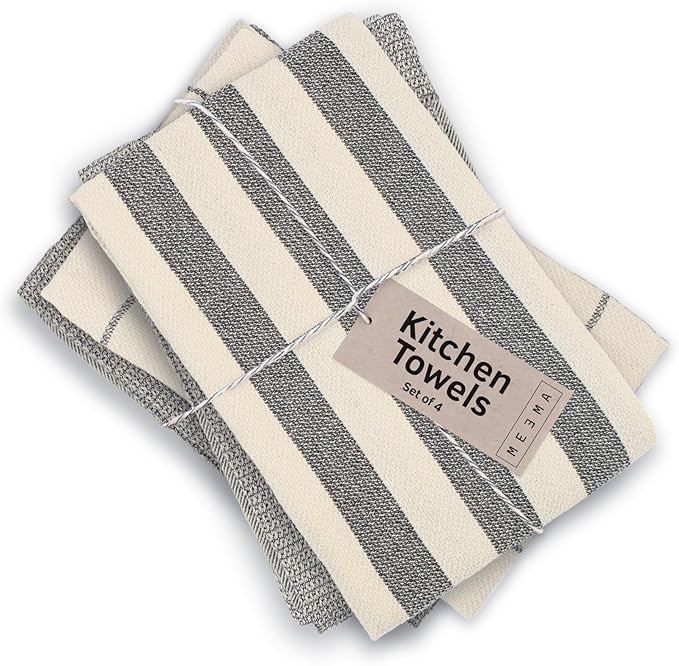 MEEMA Upcycled Spring Kitchen Towels Cotton Fabric | Super Absorbent Hand Towels with Hanging Loop | Cleaning Rags and Dish Towels for Kitchen | Charcoal Stripes | Large 18 x 28 Inch | 4-Pack