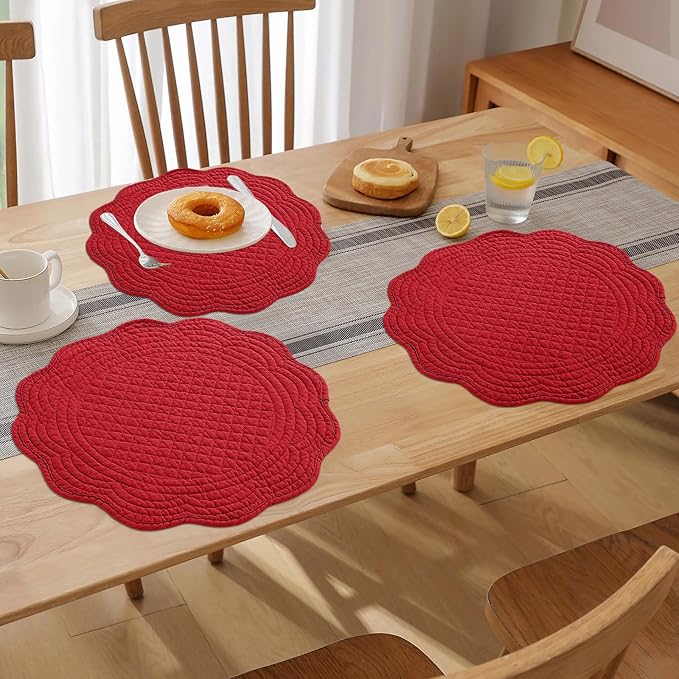 HOMBYS Quilted Placemats Set of 6 Washable Round Placemats for Kitchen Table-100% Cotton Fabric 14 Inch Round Table Mats, Cotton Fabric with Microfiber Filling, (14"x14", Red)