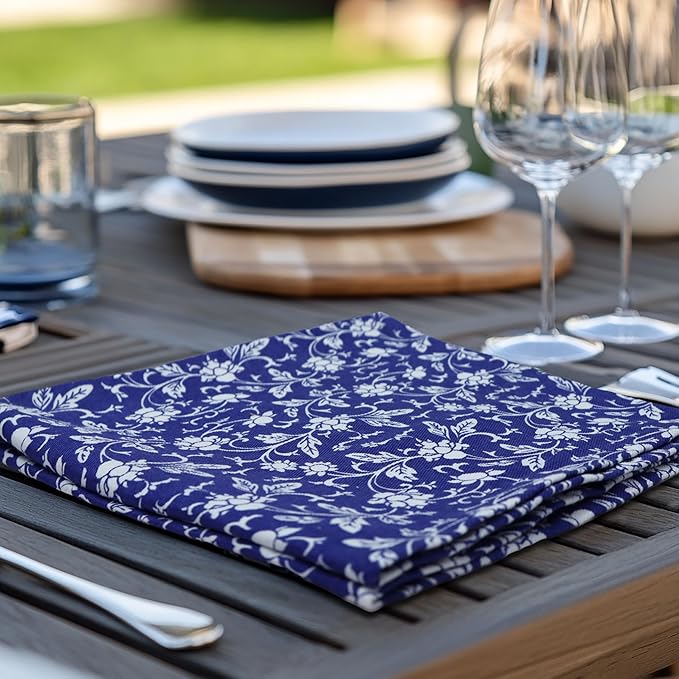 COTTON CRAFT Cloth Napkins – Set of 12 Pure Cotton Twill 6 Blue on White & 6 White on Blue Printed Reusable Napkins with Mitered Corners – Dinner Lunch Soft Absorbent Machine Washable - 17 x 17