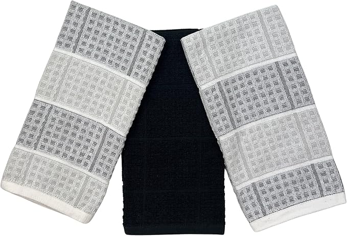 Black Gray Kitchen Dish Towels- Set of 3 100% Cotton Cloth Soft Cleaning Drying Absorbent Textured Honeycomb Weave- Oversized 28" x 18" Multipurpose Towels for Everyday Use