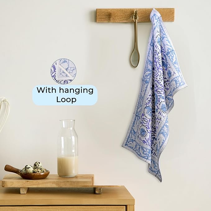 CPC Indigo Blue Hand Block Print Waffle Kitchen Towel Set of 3-16 x 28 Inch Ultra Absorbent Quick Dry Cotton Dish Towels Lightweight Reusable Sustainable Tea Towels for Cleaning and Drying