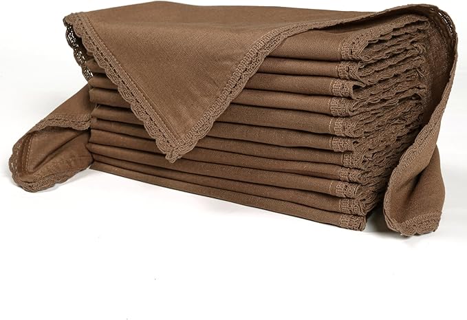 Ramanta Home Linen Flax Cloth Napkins Set of 12 Brown, 18x18 Inch | Easter Premium Cotton Linen Flax Lace Soft & Durable | Washable Ideal for Spring Basket Décor, Wedding Party, Kitchen, Everyday Use