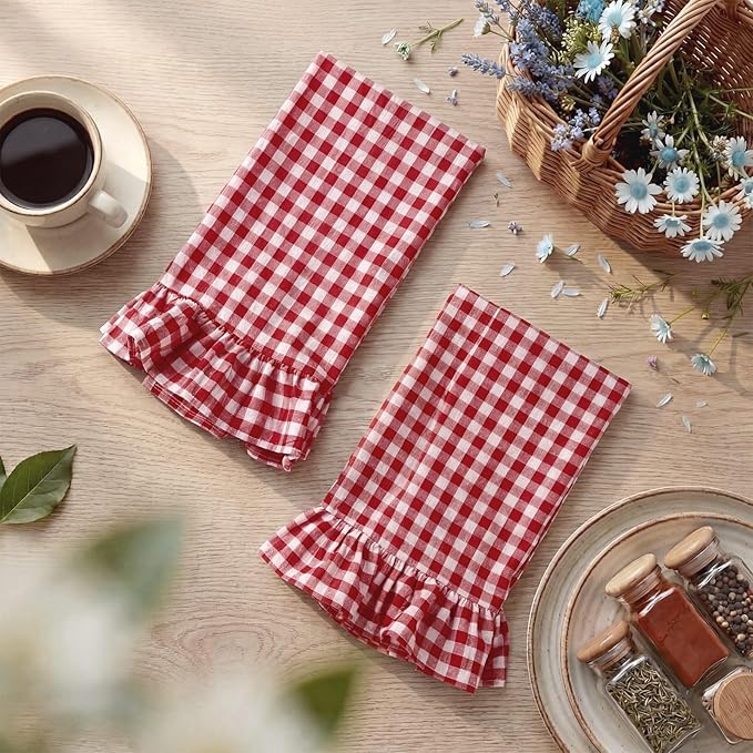 HunnmingRe Red Kitchen Towels Set of 2, 100% Cotton Ruffled Gingham Dish Towels 18"x28" Absorbent Tea Cloths Classic Plaid Pattern for Farmhouse Charm, Drying Dishes, Entertaining Guests