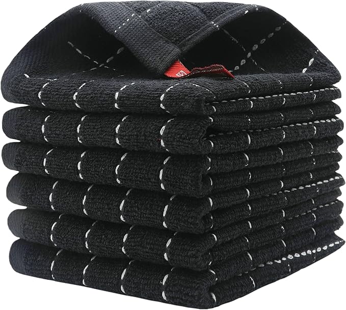 Cotton Terry Dish Cloths, Absorbent Dish Towels for Kitchen Drying, Soft Wash Cloths Multipurpose Dish Rags for Washing Dishes, 12 x 12 Inches, Set of 6 (Black)