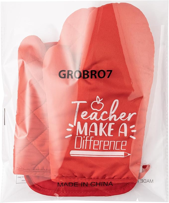 GROBRO7 6Pcs Cotton Oven Mitts Pot Holders Teacher Appreciation Week Gift for Women Men Teacher Make a Difference Pocket Potholder Baking Gloves Thank You Teachers Gifts for Back to School Graduation