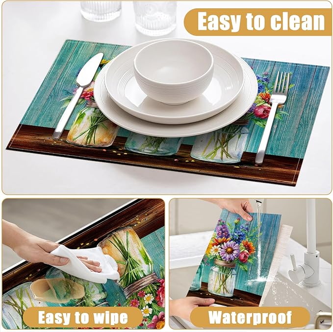 Rustic Flower Placemats Set of 6, Spring Flower Vase Linen Place Mat Washable Stain Resistant Table Mats for Farmhouse Kitchen Party Wedding 12x18 Inch