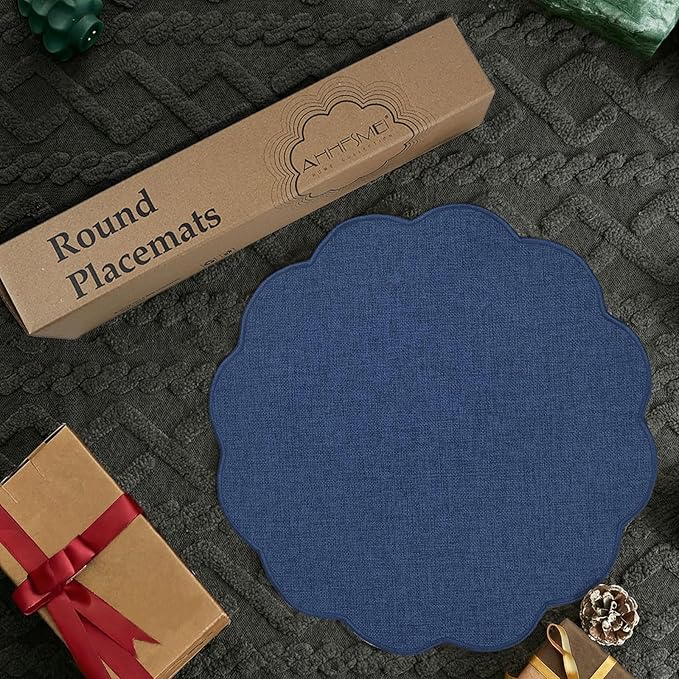 AHHFSMEI Round Faux Linen Placemats Set of 6 Heat Resistant Non-Slip Stain Proof Table Mats for Kitchen Dining Elegant Decor Place Mats (Navy Blue,6)
