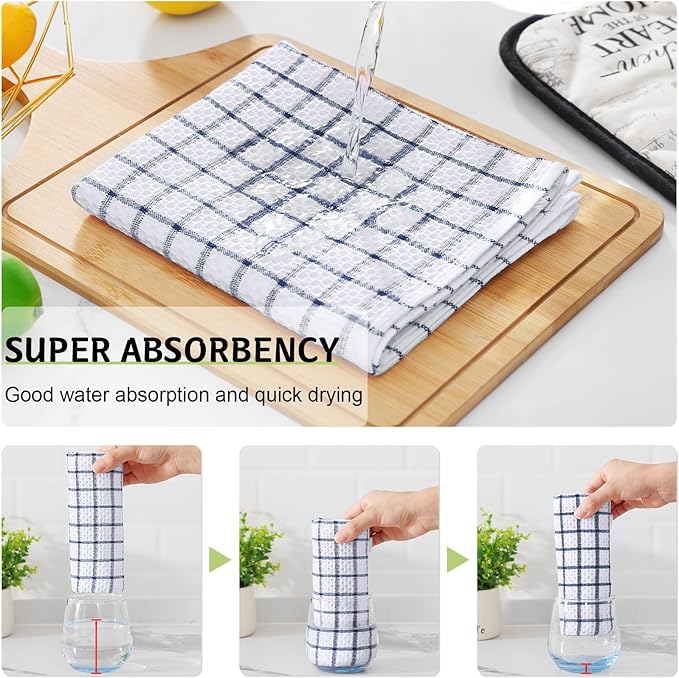 Homaxy 100% Cotton Kitchen Towels 4 Pack-15 X 25 Inches, Check Design Waffle Weave Hand Tea Towels, Super Soft and Absorbent Dish Towel for Drying Dishes, Navy Blue